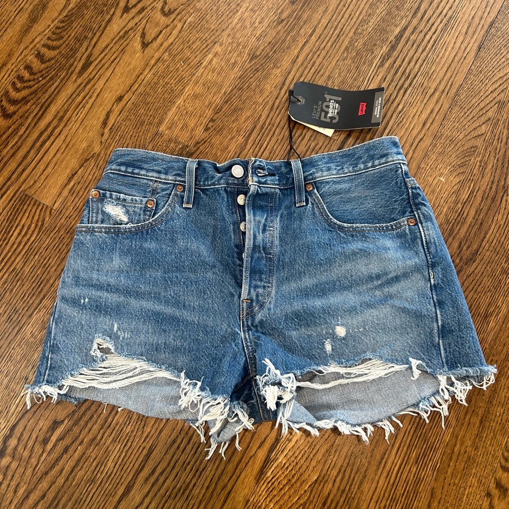 Levi's Medium Blue Distressed Cutoff Denim Shorts